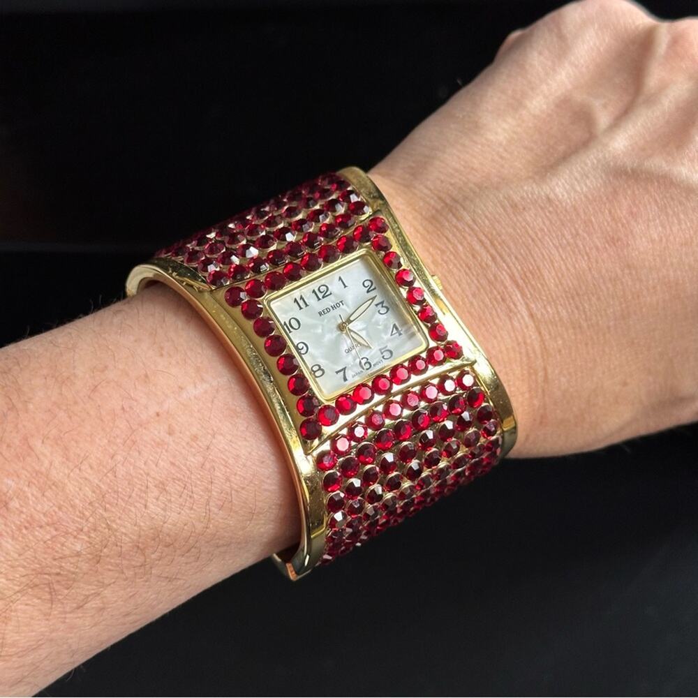 Red Hot Swarovski Crystal Wide Band Bracelet Watch